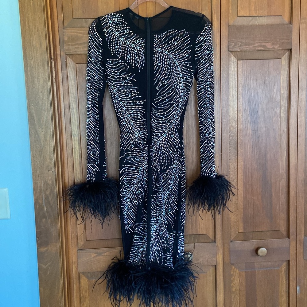 🔥 GORGEOUS BEADED SHEER BLACK LONG SLEEVE DRESS W/BLACK FEATHER TRIM~SM - Picture 10 of 17